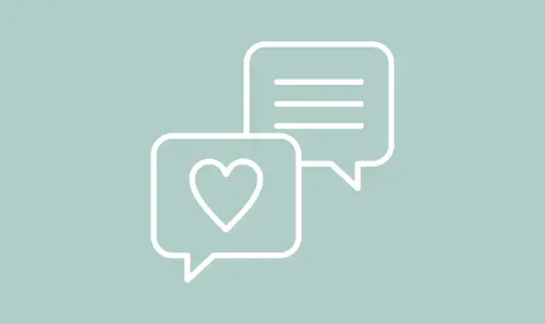 Piktogramm von zwei Sprechblasen auf hellgrünem Hintergrund, eine mit Herzsymbol und eine mit drei Textzeilen.