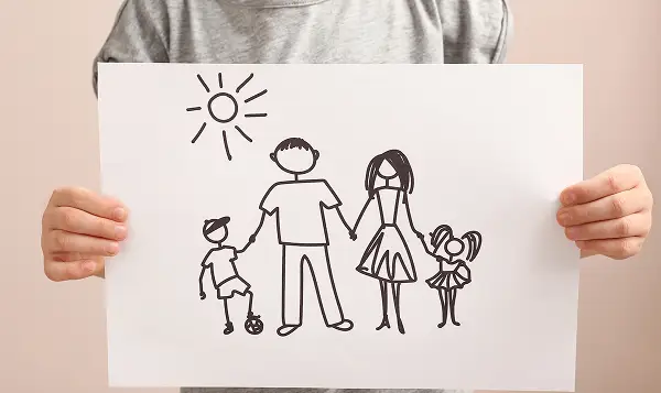 Kinderzeichnung einer Familie mit zwei Erwachsenen und zwei Kindern unter einer Sonne.