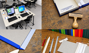 Vier Fotos zur Arbeitstherapie zeigen Computerarbeitsplätze sowie Materialien, Werkzeuge und Arbeitsschritte der Buchbinderei.